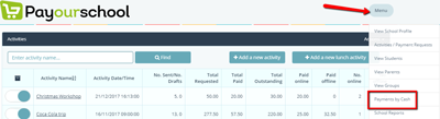 Menu payments by cash